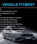 Vehicle fitment chart for Audi and VW models including Q3, TT, Beetle, CC, Eos, Golf, GTI, Jetta, Passat, and Tiguan.