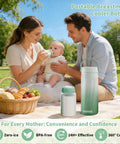 Portable Stainless Steel Breast Milk Cooler With 360 Degree Chill Holds Two Bottles For 24 Hours Mama Approved, outdoors with family.