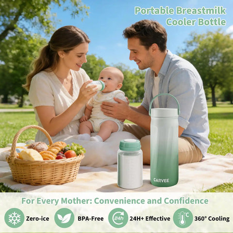 Portable Stainless Steel Breast Milk Cooler With 360 Degree Chill Holds Two Bottles For 24 Hours Mama Approved, outdoors with family.
