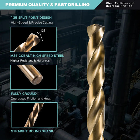 Close-up of a Pro Grade M35 Cobalt Drill Bit featuring 135-degree split point design for stainless steel and hard metals.