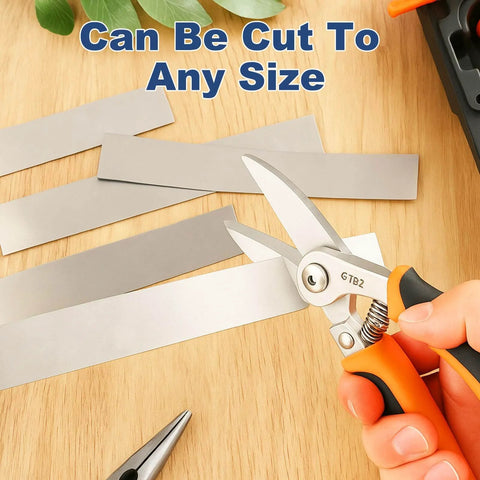 Cutting 50 Pcs Shim Stock Assortment in 304 Stainless Steel Shims 1 Inch Wide by 6 Inches Long with scissors