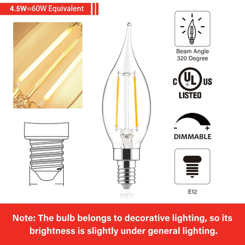 Dimmable 40 Watt Equivalent CA10 Flame Tip LED Candle Bulbs For Chandeliers Ceiling Fans And Pendants Soft White 2700K 12 Pack Easy Dimming No Flicker with E12 base