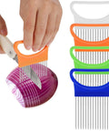 Andibro onion holder set, 4-color frames with stainless blades; orange-handled slicer shown slicing an onion.