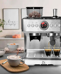 Image of Real Deal Home Espresso Maker With Built In Grinder And Silky Milk Frother, 20 Bar Pressure For Rich Shots, 95 Oz Tank For Chill Latte Nights, Quick Rinse Silver Body, Consistent Daily Grind with coffee cups.