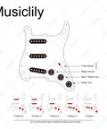 Diagram of prewired SSS pickguard for Strat style electric guitars with staggered Alnico 5 single coil pickups white 3 ply.