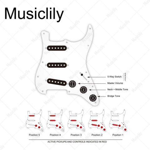 Diagram of prewired SSS pickguard for Strat style electric guitars with staggered Alnico 5 single coil pickups white 3 ply.