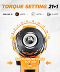 Close-up view of torque settings on 18V Max Cordless Drill Driver Kit with 3/8 inch keyless chuck and forward/reverse button.