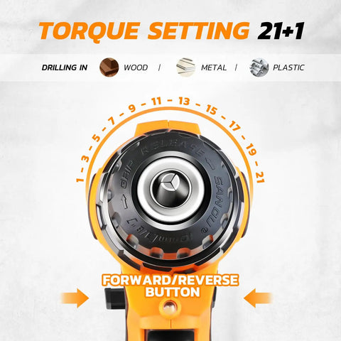 Close-up view of torque settings on 18V Max Cordless Drill Driver Kit with 3/8 inch keyless chuck and forward/reverse button.