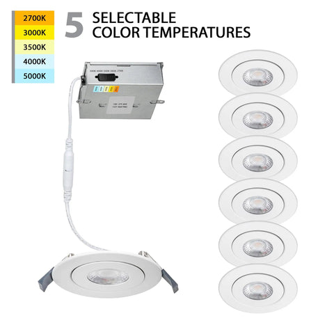 6 Inch LED Round Adjustable Recessed Light With 5-CCT Selectable Color Temp, pack of 6, with driver box, showing selectable colors.