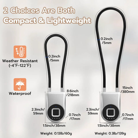 Biometric Cable Lock With Fingerprint And Bluetooth App Control for fridges, cabinets, and lockers, 14.9 inch, stainless steel, kidproof.