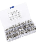 Heavy Duty 260 Piece Assorted Flat Head Hex Socket Screw Set With Countersunk Fasteners In M4 M5 And M6 Sizes Made From Top Grade Stainless Steel 304 organized in a transparent box.