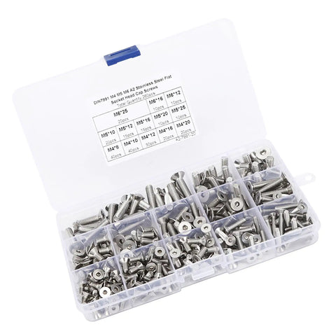 Heavy Duty 260 Piece Assorted Flat Head Hex Socket Screw Set With Countersunk Fasteners In M4 M5 And M6 Sizes Made From Top Grade Stainless Steel 304 organized in a transparent box.