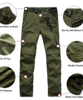 Kids Convertible Hiking Pants For Boys Quick Dry Zip Off Legs With Multi Pocket Design Gusseted Comfort Elastic Waistband Army Green