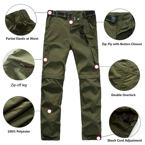 Kids Convertible Hiking Pants For Boys Quick Dry Zip Off Legs With Multi Pocket Design Gusseted Comfort Elastic Waistband Army Green