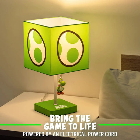 Green Yoshi Egg Night Light Lamp For Gamers on bedside table, Cozy Game Room Decor, with pull chain Dino Glow, square shade.