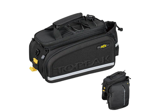 MTX Trunk Bag DXP for bikes, showing expandable top and side panniers, made of weatherproof 600 denier polyester, QuickTrack compatible.