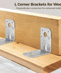 No Fuss Heavy Duty Steel Angle Brackets, 50 Piece 90 Degree L Corner Braces for Wood Furniture and Shelves attached to wood.