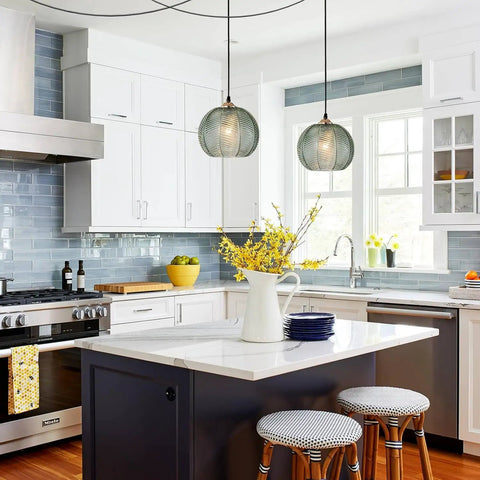 Green Glass Plug In Pendant Light With Cord Hand Blown 8.66 Inch Ribbed Glass Shade in modern kitchen setting.