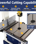 Beast Of A 14 Inch Dual Speed Bandsaw For Woodworking With 2 HP 120V Motor, 1445 And 2950 FPM, showing cutting capability chart
