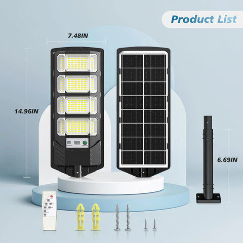 Built Tough Heavy Duty Solar Outdoor Flood Lights With Smart Motion Sensor and Dusk To Dawn Automatic Activation and Ultra Bright IP66 Waterproof Wireless Security Spotlights For Backyard Gate Driveway with dimensions and accessories.