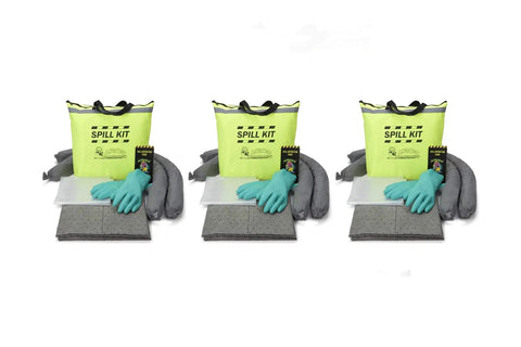 Universal Spill Kit For Oil And Chemical Spills, Portable High-Visibility Yellow Tote with pads, socks, and gloves displayed.