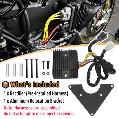 Slight correction rectifier kit showing pre-installed harness, aluminum relocation bracket, and mounting hardware.
