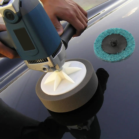 Polisher with 35 Piece Sanding Disc Polishing Kit With Handle Aluminum Oxide Abrasive Wheels on glossy surface