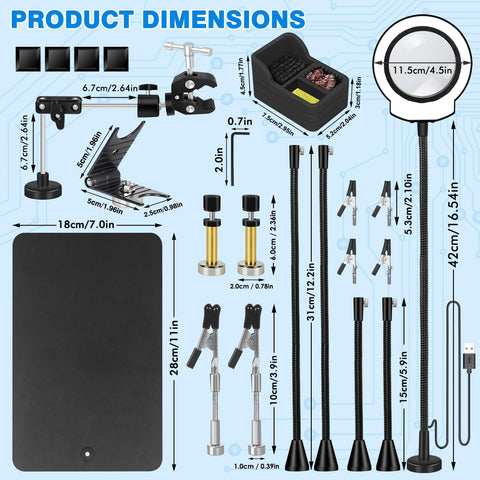 Magnetic Helping Hands Soldering Station With 5X LED Magnifying Lamp 6 Flexible Arms 360 Degree Soldering Clamp Heavy Duty Base Third Hand Tool For Pro Grade Precision Electronics And DIY, showing dimensions of components.