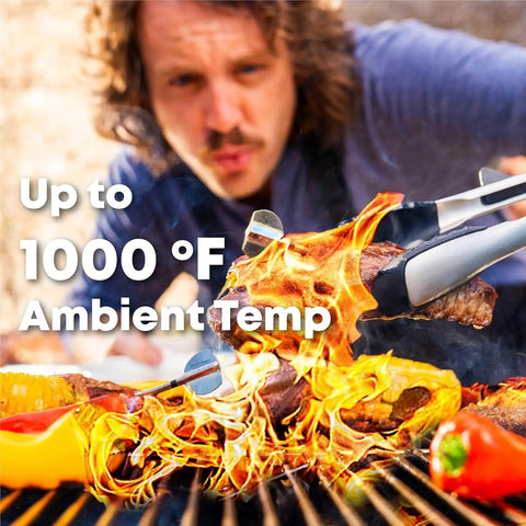 Person grilling meat and vegetables with tongs next to flames, text overlay "Up to 1000°F Ambient Temp"