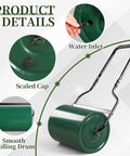 Heavy Duty 16 Inch Steel Lawn Roller With U Shaped Handle Water Or Sand Filled Garden Roller For Push Or Tow Behind Lawn Care Durable Metal Drum For Smooth Yards In Garden Park Farm Green And Black shown with water inlet, cap, and rolling drum features.