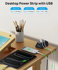 Desk Clamp Power Strip Surge Protector With Five AC Outlets And Three USB Ports, Desk Mount Charging Station on wooden desk near devices