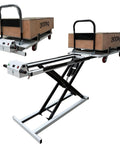 Heavy Duty Portable Hydraulic Lift Table With Foldable Scissor Design And Four Smooth Rolling Wheels lifting a 300kg load for easy material handling.
