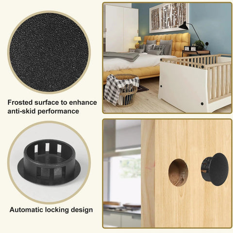Close-up of 10 Pcs 28mm Plastic Hole Plugs Snap In Locking Hole Covers in wood panel, frosted surface, and furniture in background