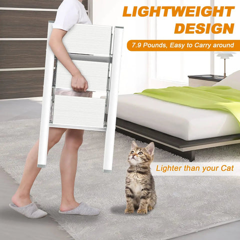 Person carrying Three Step Aluminum Folding Ladder with wide anti-slip pedals, ultra lightweight, compact design, home setting.