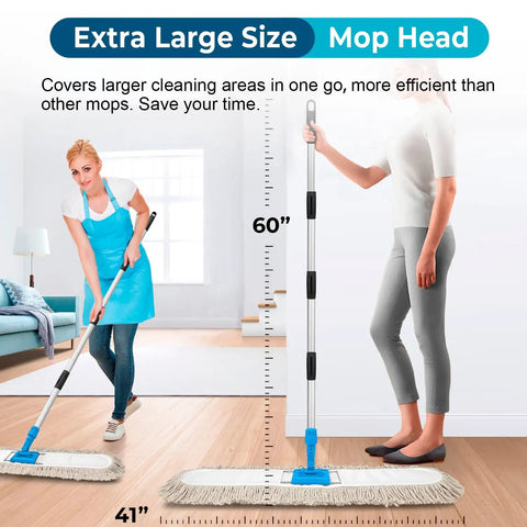 Straight Up Heavy Duty Commercial Dust Mop With Extra Long Handle And Premium Absorbent Cotton Pad For No Sweat Floor Cleaning In Offices Garages Warehouses And Hardwood, showing 41" and 60" adjustable handle lengths.