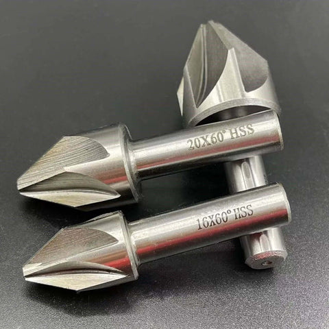 Two 60-degree chamfer end mills (HSS) with 16mm and 20mm diameters for CNC routing