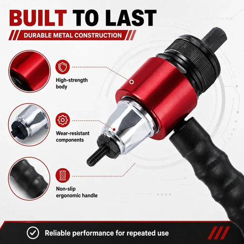 Electric Rivet Gun Adapter Kit with durable construction and ergonomic handle for tight space auto repair and DIY metalwork.