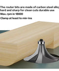 1/2 Inch Shank Corner Round Over Router Bit With Guide Bearing And Premium Carbide Cutter For Smooth Wood Trim and furniture edge profiling work mounted on wood.