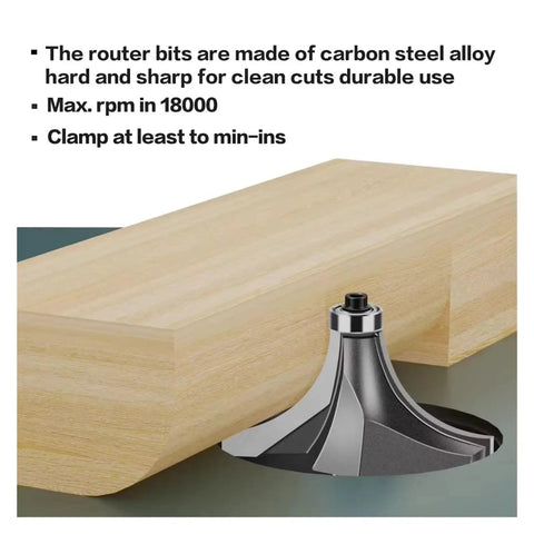 1/2 Inch Shank Corner Round Over Router Bit With Guide Bearing And Premium Carbide Cutter For Smooth Wood Trim and furniture edge profiling work mounted on wood.