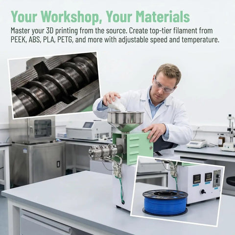 Heavy Duty Commercial 3D Printer Filament Extruder Recycler Machine for PLA, ABS, PETG processing in a lab setting.