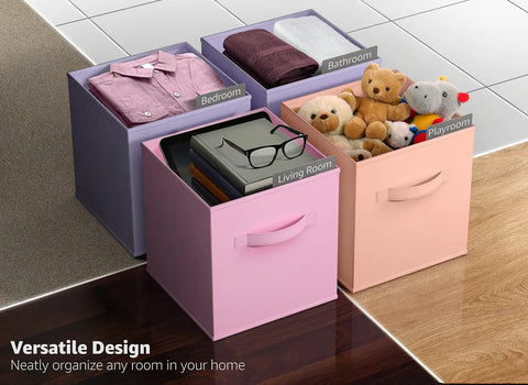 11 Inch Foldable Storage Bins With Handles Set Of 6 In Pastel Orange Purple And Pink, used for organizing toys and clothes in playroom