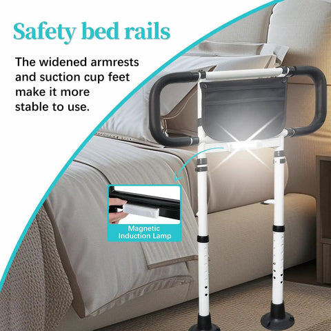 Bed rails for seniors with adjustable height, storage pocket, and easy assist side rails to prevent falls, fits under mattress.