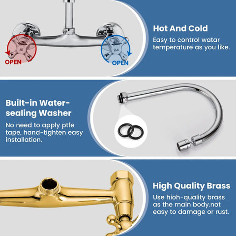 Wall Mounted Kitchen Faucet With Sprayer, 360 Degree Swivel Spout, Double Cross Handles, showing hot and cold controls, sealed washer, and brass material.