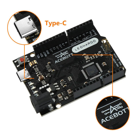 Leonardo R3 Microcontroller Development Board With USB Cable Kit For Easy Prototyping And DIY Projects, Plug And Play Arduino IDE Compatible, 20 Digital IO And 12 Analog Inputs, 16MHz Clock, ICSP Header, Reset Button, black PCB with Type-C port