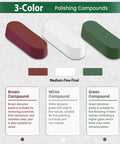 3-color polishing compounds for Top Shelf Eight Inch Buffing Polish Wheel Kit; includes brown, white, and green abrasives for metal finishing.