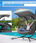 Double Egg Chair With Removable Adjustable Canopy for Outdoor Hangout Patio near pool, featuring cushioned basket.