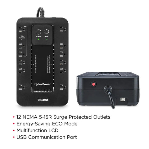 Ecologic 750VA 450W Battery Backup UPS With 12 Outlets, Six Battery Backup And Six Surge Protected Eco Mode Power Saver, Compact Uninterruptible Power Supply TAA Certified