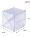 Stackable Cube Organizer With X Divider In Clear Plastic, dimensions shown, highlighting modular storage versatility.