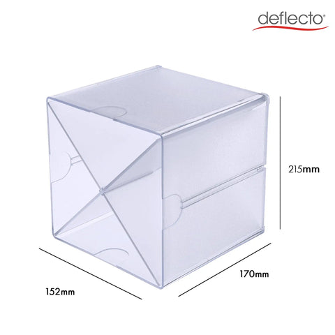 Stackable Cube Organizer With X Divider In Clear Plastic, dimensions shown, highlighting modular storage versatility.