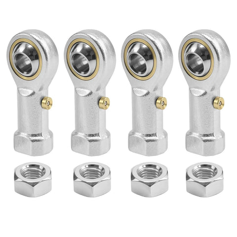 Four Pack PHSB4 Steel Rod End Bearings With 1/4 Inch Bore And 1/4-28 Right Hand Female Thread Pre Lubricated For Hydraulic Cylinders Cnc Machines, silver metal construction.